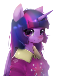 Size: 602x800 | Tagged: safe, artist:snow angel, twilight sparkle, alicorn, anthro, g4, blushing, bust, clothes, cute, female, looking at you, mare, portrait, simple background, smiling, solo, twiabetes, twilight sparkle (alicorn), white background