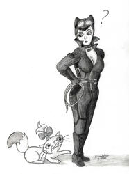Size: 900x1208 | Tagged: safe, artist:peruserofpieces, opalescence, cat, human, g4, angry, arkham city, batman, boob window, catsuit, catwoman, clawing, claws, confused, crossover, female, goggles, pencil drawing, question mark, ribbon, selina kyle, simple background, traditional art, whip, whiskers, woman