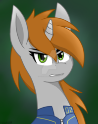 Size: 1024x1294 | Tagged: safe, artist:flylash1, oc, oc only, oc:littlepip, pony, unicorn, fallout equestria, bust, clothes, deviantart watermark, fanfic, fanfic art, female, gradient background, gritted teeth, horn, jumpsuit, mare, obtrusive watermark, portrait, solo, vault suit, watermark