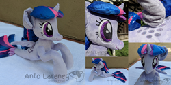 Size: 3176x1588 | Tagged: safe, artist:plushbyanto, twilight sparkle, alicorn, seapony (g4), g4, female, fins, front view, irl, lying down, mare, minky, photo, plushie, profile, race swap, scales, seaponified, seapony twilight, smiling, solo, species swap, tail fin, toy, twilight sparkle (alicorn)