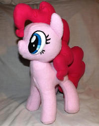 Size: 600x761 | Tagged: safe, artist:peruserofpieces, pinkie pie, earth pony, pony, g4, female, irl, mare, missing cutie mark, photo, plushie, smiling, solo, standing