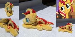 Size: 3176x1588 | Tagged: safe, artist:plushbyanto, sunset shimmer, pony, unicorn, equestria girls, equestria girls specials, g4, my little pony equestria girls: mirror magic, bag, beanie (plushie), bust, chibi, cropped, female, front view, horn, irl, lying down, mare, minky, no mouth, no nose, no pupils, photo, plushie, profile, prone, raised eyebrow, smiling, solo, sploot, toy