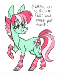 Size: 526x627 | Tagged: safe, artist:janegumball, minty, earth pony, pony, g3, colored hooves, female, leg warmers, lidded eyes, mare, simple background, solo, white background