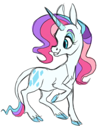 Size: 518x605 | Tagged: safe, artist:janegumball, classical unicorn, pony, unicorn, cloven hooves, eyelashes, female, g5 concept leak style, g5 concept leaks, horn, leonine tail, looking back, mare, rarity (g5 concept leak), simple background, solo, speculation, unshorn fetlocks, white background