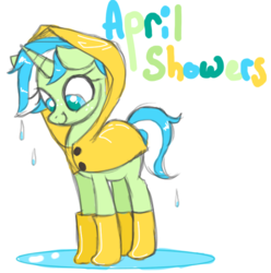 Size: 700x705 | Tagged: safe, artist:janegumball, oc, oc only, oc:april showers, pony, unicorn, adoptable, ambiguous gender, looking down, puddle, rain, raincoat, simple background, smiling, solo, white background