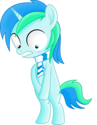 Size: 3440x4465 | Tagged: artist needed, safe, oc, oc only, oc:cyan lightning, pony, unicorn, bipedal, blushing, clothes, colt, covering, covering crotch, cute, embarrassed, foal, high res, male, naked rarity, ocbetes, scarf, simple background, solo, transparent background, vector, we don't normally wear clothes