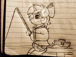 Size: 2560x1920 | Tagged: safe, artist:thebadbadger, oc, oc:cassi marinera, pony, unicorn, fishing, lineart, traditional art