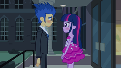 Size: 1920x1080 | Tagged: safe, screencap, flash sentry, twilight sparkle, human, equestria girls, g4, my little pony equestria girls, bare shoulders, blushing, clothes, dress, fall formal outfits, female, legs together, male, ship:flashlight, shipping, sleeveless, smiling, straight, strapless, twilight ball dress, twilight sparkle (alicorn)