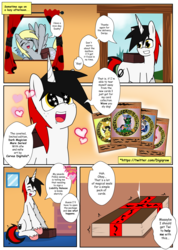 Size: 3800x5333 | Tagged: safe, artist:php134, artist:takaneko13, derpy hooves, oc, oc:dusk, pegasus, pony, seal, unicorn, comic:heart of the cards, g4, card, collaboration, comic, curtains, dialogue, heart, house, room
