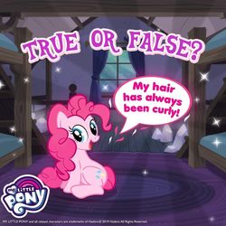 Size: 1080x1080 | Tagged: safe, pinkie pie, earth pony, pony, g4, official, false, female, mare, my little pony logo, solo, true or false