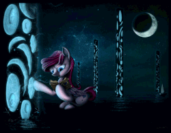 Size: 614x480 | Tagged: safe, artist:konsumo, oc, oc:ink heart, pegasus, pony, animated, boat, detailed, detailed background, glowing, magic, moon, night, ocean, single, solo, stars, water