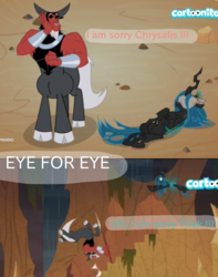 Size: 1260x1600 | Tagged: safe, edit, edited screencap, screencap, lord tirek, queen chrysalis, centaur, changeling, changeling queen, frenemies (episode), g4, blindfold, cartoonito logo, cloven hooves, dialogue, duo, female, italian, male, nose piercing, nose ring, piercing, septum piercing, text