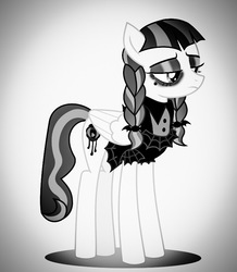 Size: 692x792 | Tagged: safe, edit, editor:undeadponysoldier, inky rose, pegasus, pony, g4, black and white, clothes, dress, eyeliner, female, goth, gothic eyeliner, grayscale, makeup, mare, monochrome, pigtails, simple background, solo, unamused
