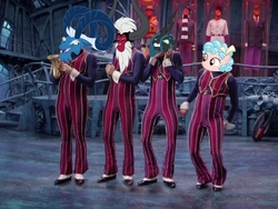 Size: 2730x2048 | Tagged: safe, cozy glow, grogar, lord tirek, queen chrysalis, g4, group, high res, lazytown, meme, musical instrument, quartet, robbie rotten, saxophone, we are number one
