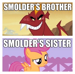 Size: 1540x1525 | Tagged: safe, edit, edited screencap, screencap, garble, scootaloo, dragon, pegasus, pony, g4, sweet and smoky, brother, caption, female, filly, foal, image macro, implied smolder, male, siblings, sister, text, theory