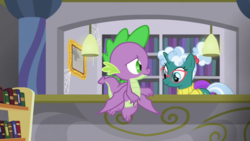 Size: 1920x1080 | Tagged: safe, screencap, bellflower blurb, spike, dragon, pony, g4, the point of no return, book, bookshelf, library, winged spike, wings