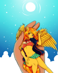 Size: 1567x1949 | Tagged: source needed, useless source url, safe, artist:maym, oc, oc only, oc:firetale, pegasus, anthro, female, hand, holding a pony, in goliath's palm, micro, shrunk, solo, wings