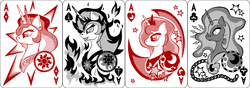 Size: 2540x889 | Tagged: safe, artist:virenth, daybreaker, nightmare moon, princess celestia, princess luna, pony, g4, ace of clubs, ace of diamonds, ace of hearts, ace of spades, playing card