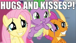 Size: 1920x1080 | Tagged: safe, edit, edited screencap, screencap, fluttershy, smolder, spike, dragon, pegasus, pony, g4, sweet and smoky, bronybait, caption, cartoonito logo, cute, dragoness, exclamation point, female, hug request, hugs?, image macro, imgflip, implied hugging, implied kissing, interrobang, italian, male, mare, question mark, shyabetes, smolderbetes, spikabetes, text, winged spike, wings