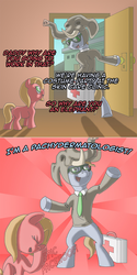 Size: 800x1602 | Tagged: safe, artist:crispokefan, oc, oc:cordovan, oc:pun, pony, ask pun, animal costume, ask, bipedal, clothes, costume, elephant costume, facehoof, father and daughter, female, filly, glasses, male, pun