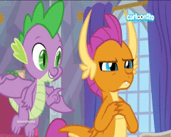 Size: 720x576 | Tagged: safe, screencap, smolder, spike, dragon, g4, sweet and smoky, animated, boop, cartoonito logo, dragoness, female, italian, male, no sound, shipping fuel, webm, winged spike, wings