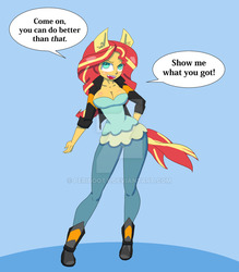 Size: 800x914 | Tagged: dead source, safe, artist:peribooty, sunset shimmer, anthro, kemonomimi, equestria girls, g4, big breasts, bomber jacket, boots, breast blush, breast expansion, breasts, busty sunset shimmer, cleavage, clothes, curvy, eared humanization, fangs, growth, incentive drive, jacket, looking at you, obtrusive watermark, pants, shoes, tail, tailed humanization, talking to viewer, transformation, watermark