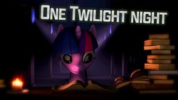 Size: 1280x720 | Tagged: safe, artist:everfree team, twilight sparkle, pony, unicorn, g4, 3d, book, candle, darkness, female, library, mare, midnight, solo, source filmmaker, text, thumbnail