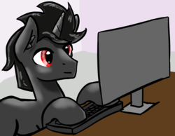 Size: 1385x1073 | Tagged: safe, artist:fluor1te, oc, oc only, oc:ekkie, pony, unicorn, computer, keyboard, looking at monitor, male, solo, stallion