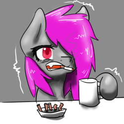 Size: 1281x1281 | Tagged: safe, artist:fluor1te, oc, oc only, oc:fluorite, pony, ashtray, caffeine, cigarette, coffee, shaking, solo, table, teeth