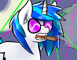 Size: 2450x1920 | Tagged: safe, artist:fluor1te, dj pon-3, vinyl scratch, pony, unicorn, g4, cigar, female, laser, light show, mare, rave, smoke, solo, sunglasses