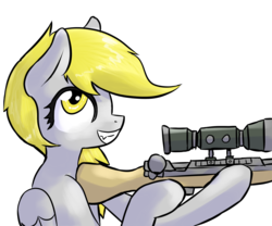 Size: 2200x1833 | Tagged: safe, artist:fluor1te, derpy hooves, pegasus, pony, g4, bolt action, female, gun, mare, rifle, smiling, sniper rifle, solo, teeth, weapon