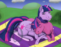 Size: 2200x1700 | Tagged: safe, artist:azurllinate, twilight sparkle, oc, oc:dazzle shield, alicorn, pony, g4, cloud, cooing, crossed legs, cuddling, curled up to mom, eyes closed, female, futurehooves, grass, hoers, lying down, lying on blanket, male, mother and son, mother's day, multicolored hair, multicolored tail, next gen:futurehooves, next generation, offspring, parent:flash sentry, parent:twilight sparkle, parents:flashlight, purple eyes, sleeping, twilight sparkle (alicorn)