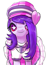 Size: 1726x2377 | Tagged: safe, artist:fluor1te, oc, oc only, oc:albedo, earth pony, pony, bust, clothes, dress, fashion, female, hat, heart, mare, portrait, solo, standing, starry eyes, wingding eyes