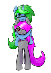 Size: 1440x2041 | Tagged: safe, artist:fluor1te, oc, oc:avocado pone, oc:fluorite, earth pony, pony, unicorn, female, glasses, mare, piggyback ride, ponies riding ponies, riding, smiling