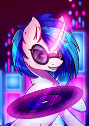 Size: 1102x1562 | Tagged: dead source, safe, artist:quefortia, dj pon-3, vinyl scratch, pony, unicorn, g4, curved horn, female, horn, levitation, looking at you, magic, mare, record, redraw, solo, sunglasses, telekinesis