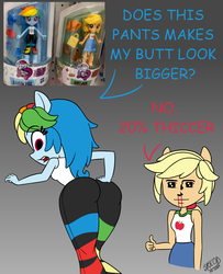 Size: 987x1215 | Tagged: safe, artist:syscod, applejack, rainbow dash, equestria girls, g4, my little pony equestria girls: better together, ass, blood, butt, clothes, dialogue, doll, equestria girls minis, female, implied appledash, implied lesbian, implied shipping, looking at butt, nosebleed, pants, rainbutt dash, shipping, skirt, tank top, the ass was fat, toy