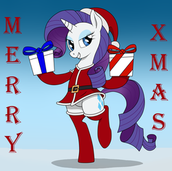 Size: 2172x2160 | Tagged: safe, artist:syscod, rarity, pony, unicorn, g4, bipedal, christmas, clothes, costume, eyeshadow, female, high res, holiday, lidded eyes, makeup, present, santa costume, smiling, solo