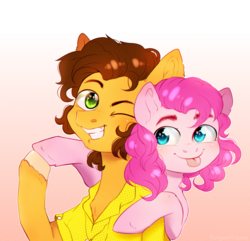 Size: 3244x3128 | Tagged: safe, artist:rizzych, cheese sandwich, pinkie pie, earth pony, pony, g4, :p, clothes, eyebrows, female, gradient background, high res, hug, male, mare, one eye closed, ship:cheesepie, shipping, shirt, simple background, stallion, straight, tongue out, wink