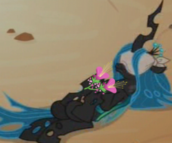 Size: 600x500 | Tagged: safe, edit, edited screencap, screencap, queen chrysalis, changeling, changeling queen, frenemies (episode), g4, blindfold, cropped, female, flower, heart's desire, on back, sleeping beauty, solo