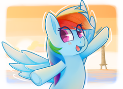 Size: 3200x2300 | Tagged: safe, artist:rivin177, rainbow dash, pony, arms in the air, blush sticker, blushing, cute, dashabetes, female, open mouth, sky, smiling, solo