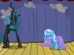 Size: 1280x957 | Tagged: safe, artist:evil-dec0y, queen chrysalis, trixie, changeling, changeling queen, pony, unicorn, comic:trixie vs., g4, cape, clothes, duo, duo female, eyes closed, female, hat, mare, stage, tongue out, trixie's cape, trixie's hat