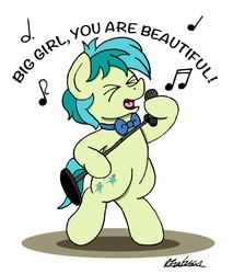 Size: 1302x1525 | Tagged: safe, artist:bobthedalek, sandbar, earth pony, pony, g4, she's all yak, ><, big girl, bipedal, bowtie, chubby, dialogue, eyes closed, implied yona, implied yonabar, male, microphone, mika, music notes, open mouth, singing, song reference, stallion