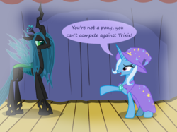 Size: 1280x957 | Tagged: safe, artist:evil-dec0y, queen chrysalis, trixie, changeling, changeling queen, pony, unicorn, comic:trixie vs., g4, cape, clothes, duo, duo female, female, hat, imagine spot, mare, stage, trixie's cape, trixie's hat