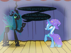 Size: 1280x957 | Tagged: safe, artist:evil-dec0y, queen chrysalis, trixie, changeling, changeling queen, pony, unicorn, comic:trixie vs., g4, cape, clothes, duo, duo female, female, hat, imagine spot, mare, raised hoof, stage, trixie's cape, trixie's hat