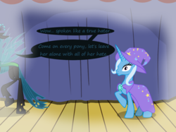 Size: 1280x957 | Tagged: safe, artist:evil-dec0y, queen chrysalis, trixie, changeling, changeling queen, pony, unicorn, comic:trixie vs., g4, cape, clothes, duo, duo female, female, hat, imagine spot, mare, stage, trixie's cape, trixie's hat