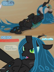 Size: 600x800 | Tagged: safe, edit, edited screencap, screencap, queen chrysalis, changeling, changeling queen, frenemies (episode), g4, alarm, angry, blindfold, cartoonito logo, comic, female, italian, on back, sleeping, solo