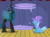 Size: 1280x957 | Tagged: safe, artist:evil-dec0y, queen chrysalis, trixie, changeling, changeling queen, pony, unicorn, comic:trixie vs., g4, cape, clothes, duo, duo female, female, hat, mare, stage, trixie's cape, trixie's hat