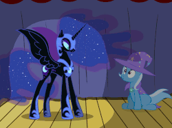 Size: 500x374 | Tagged: safe, artist:evil-dec0y, nightmare moon, princess luna, queen chrysalis, trixie, alicorn, pony, unicorn, comic:trixie vs., g4, animated, cape, clothes, disguise, disguised changeling, duo, duo female, female, hat, mare, shapeshifting, stage, transformation, trixie's cape, trixie's hat