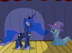 Size: 500x374 | Tagged: safe, artist:evil-dec0y, princess luna, queen chrysalis, trixie, oc, oc:fluffle puff, pony, unicorn, comic:trixie vs., g4, animated, cape, clothes, disguise, disguised changeling, duo, duo female, female, hat, mare, shapeshifting, stage, transformation, trixie's cape, trixie's hat