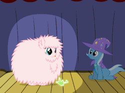 Size: 500x374 | Tagged: safe, artist:evil-dec0y, prince blueblood, queen chrysalis, trixie, oc, oc:fluffle puff, pony, unicorn, comic:trixie vs., g4, animated, cape, clothes, disguise, disguised changeling, duo, female, hat, heart eyes, male, mare, shapeshifting, ship:bluetrix, shipping, stage, straight, transformation, trixie's cape, trixie's hat, wingding eyes